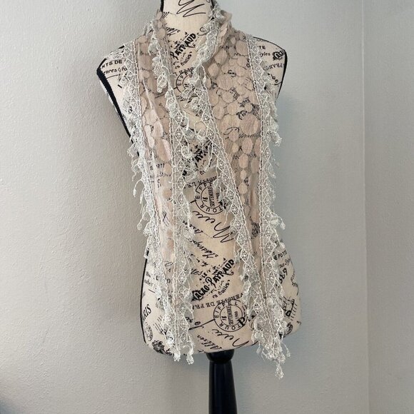 Beautiful Lace White & Beige Polka Dot Scarf w/ Pineapple Fringe - 58" (U5) - Picture 1 of 5